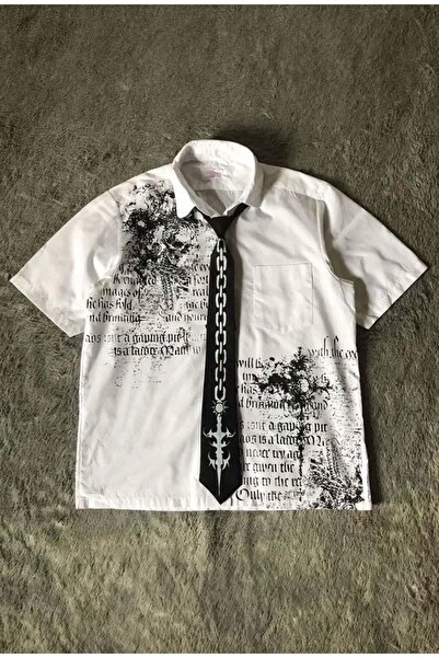 Köstebek Gothic Skull Zincir Baskılı Kravatlı Unisex Gömlek