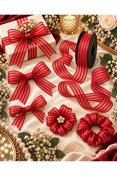 kubbe tekstil aksesuar Red Striped Chiffon Ribbon 2.5 cm – 1 Roll 20 Meters – Decorative Bow, Gift Wrapping and Bundle Decoration Ribbon