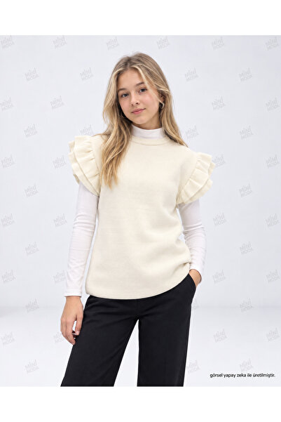 Minimoda Kids Girl's Cream Ruffled Shoulder Detailed Knitwear Sweater