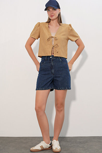 Modamorfo Women's Short Sleeve Crop Blouse 958 - Camel