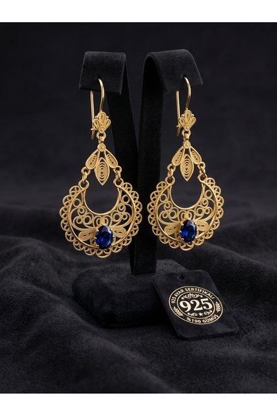 Roza Silver 925 Ayar Gümüş Geleneksel Telkari İşlemeli Gold Safir Taşlı Salla...