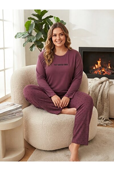 Mihra Lila Milan Cozy Wınter Vibes Desenli Büyük Beden Uzun Kol Kadın Pijama ...