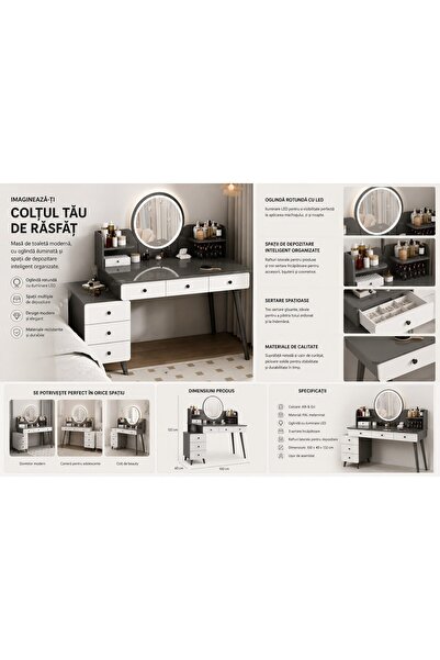 7LIFE Masă de toaletă cu oglindă rotundă sertare, birou de machiaj cu spații de depozitare pentru cosmetice și accesorii, design modern, si scaun gri alb 100x40x132