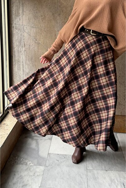 fayaboutique.com Süet Kemerli Camel Linda Ekose Etek