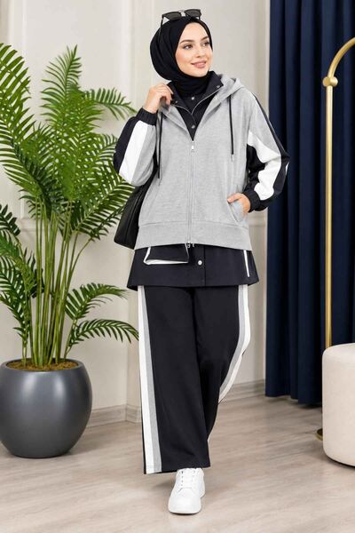 Hamra butik Şerit Detaylı katmanlı motion Spor Tesettür İkili Takım - Laci