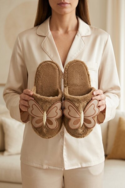 Beyond Women's Brown Large Butterfly Motif Leather Wing Detailed Furry House ...