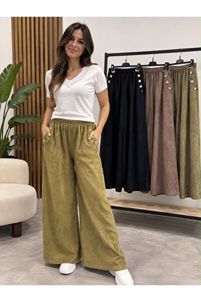 MENSAR OTANTİK Pantaloni palazzo de damă din catifea cu nasturi