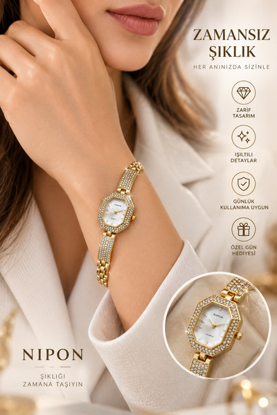 Valens Diamond Duo Kadın Gold-Gümüş Renk Taşlı Sekizgen Kasa Şık Kol Saati