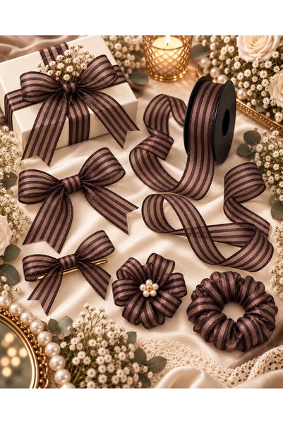 kubbe tekstil aksesuar Brown Striped Chiffon Ribbon 2.5 cm – 1 Roll 20 Yards – Decorative Bow, Gift Wrapping and Organizational Decoration Ribbon
