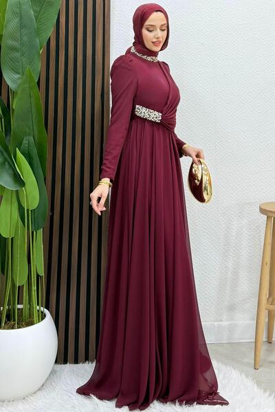 Lamia Giyim Ferda Taşlı Şifon Abiye Bordo