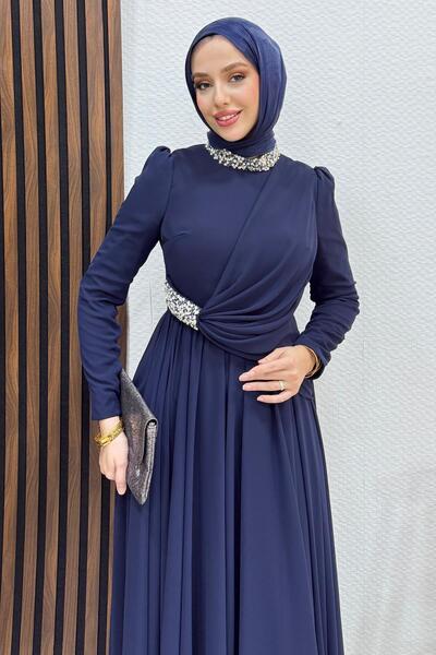 Lamia Giyim Ferda Taşlı Şifon Abiye Lacivert