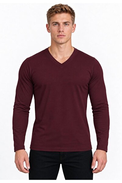 AXXEL Erkek Koyu Bordo Pamuklu Likralı Süprem Uzun Kollu T-shirt-D236