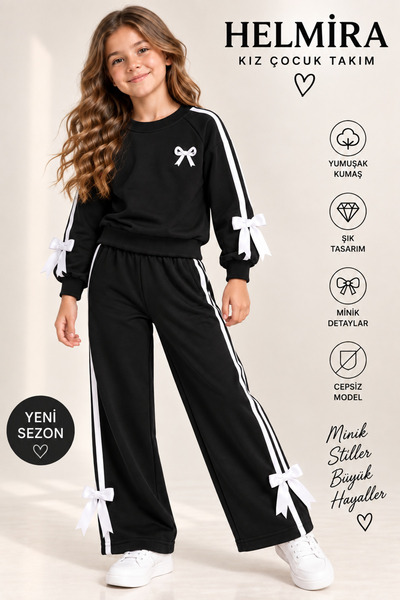 HELMİRA Girl's 2-Piece Set-White Striped Bowknot Sweatshirt and Tube Leg Pants