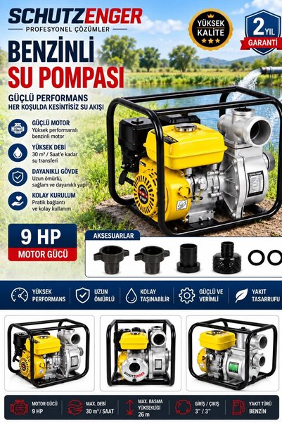 SCHUTZENGER 9 Hp 3 INÇ ÇIKIŞLI BENZİNLİ SU POMPASI 200 mt YATAY SU BASAR 4 ZA...