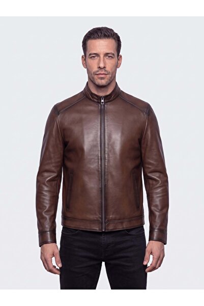 White Stone Brown Hakim Collar Zippered Men's Leather Jacket Coat