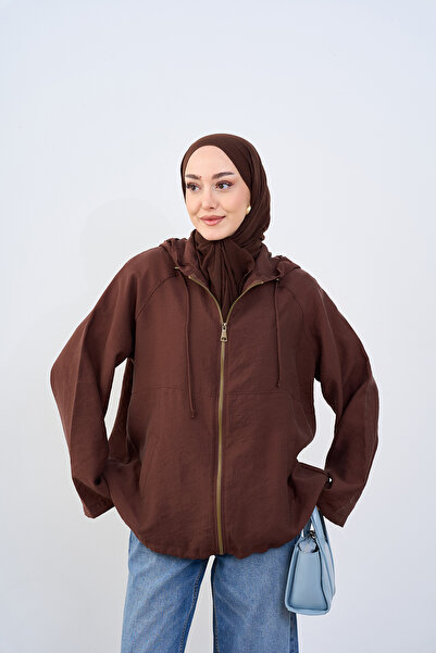 LOCCO Kadın Kapüşonlu Cep Detay Fermuarlı Sweatshirt Kahverengi
