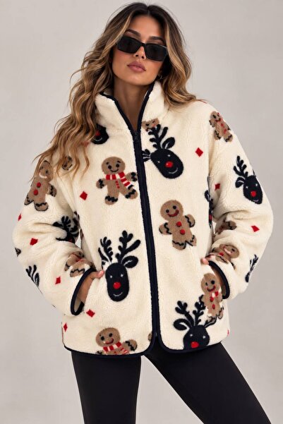 FioriModa Krem Kurabiye Desenli Fermuarlı Peluş Polar Ceket