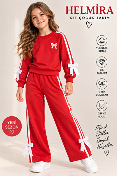 HELMİRA Girl's 2-Piece Set-White Striped Bowknot Sweatshirt and Tube Leg Pants