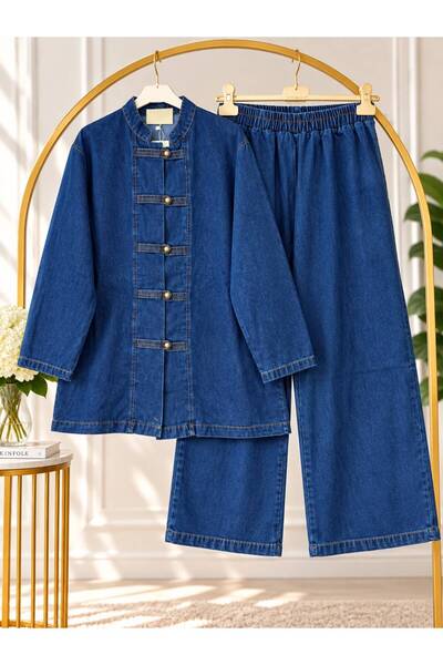 EC MODA Women's Hijab High Collar Denim Buttoned Trousers Suit