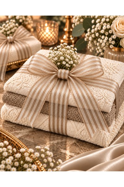 kubbe tekstil aksesuar Beige Striped Chiffon Ribbon 2.5 cm – 1 Roll 20 Meters – Decorative Bow, Gift Wrapping and Organizational Decoration Ribbon