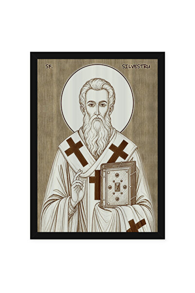 OEM Icoana Sfantul Silvestru, Episcopul Romei pirogravata pe lemn, cu rama, 3...