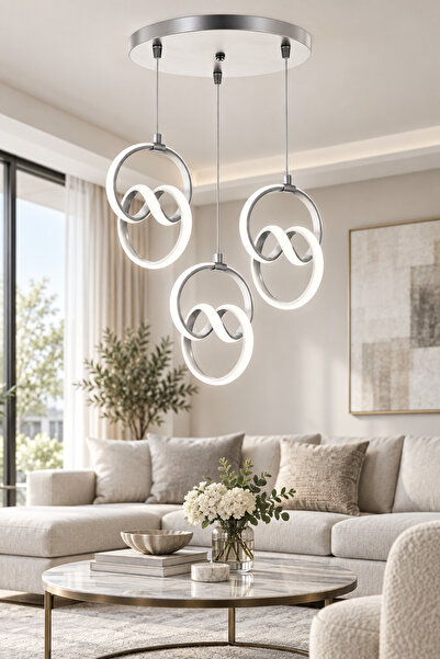Ulucam Aydınlatma 3'lü İmza Gümüş LED Sarkıt Avize Modern Salon ve Yemek Odas...