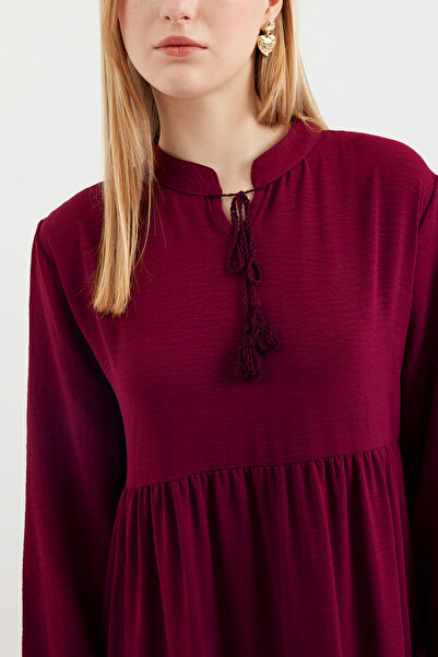 Modamorfo 1627 Collar Lace-Up Hijab Dress - D. Burgundy