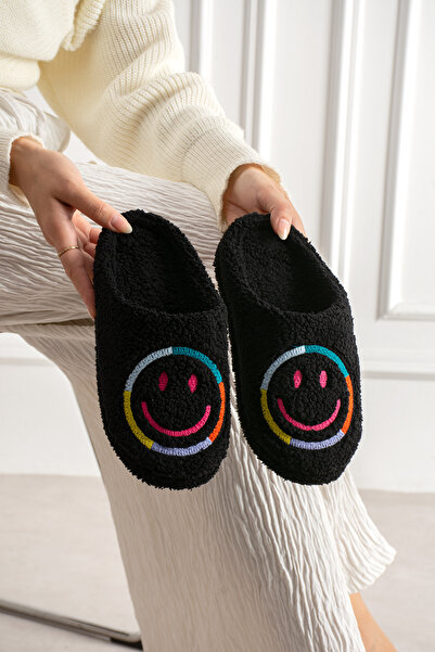 ModaMert Women's Black Smiling Face Embroidered Comfortable Useful Non-Slip P...