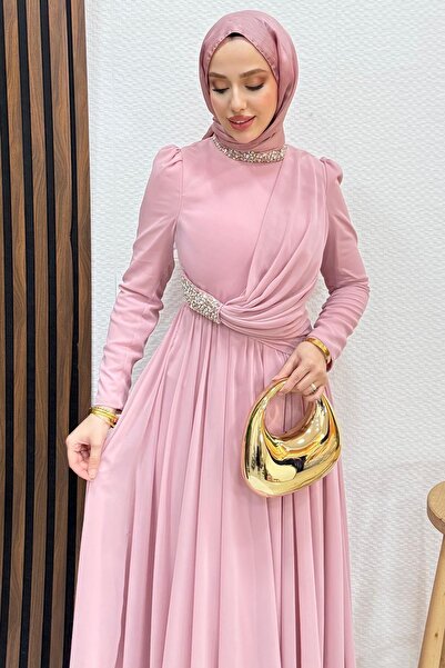 Lamia Giyim Ferda Taşlı Şifon Abiye Soft Pembe