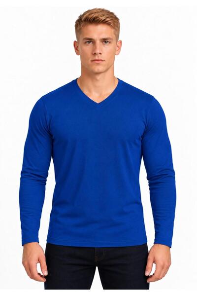 AXXEL Erkek Koyu İndigo Pamuklu Likralı Süprem Uzun Kollu T-shirt-D236