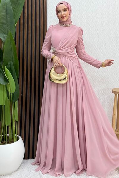 Lamia Giyim Ferda Taşlı Şifon Abiye Soft Pembe