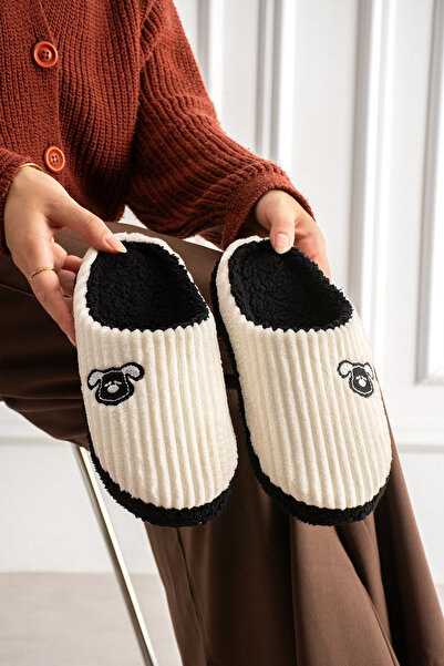 ModaMert Women's Ecru Dog Embroidered Plush Comfortable and Useful House Slip...