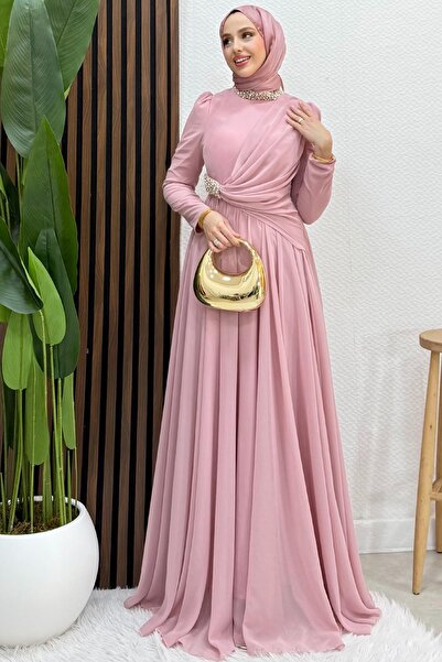 Lamia Giyim Ferda Taşlı Şifon Abiye Soft Pembe
