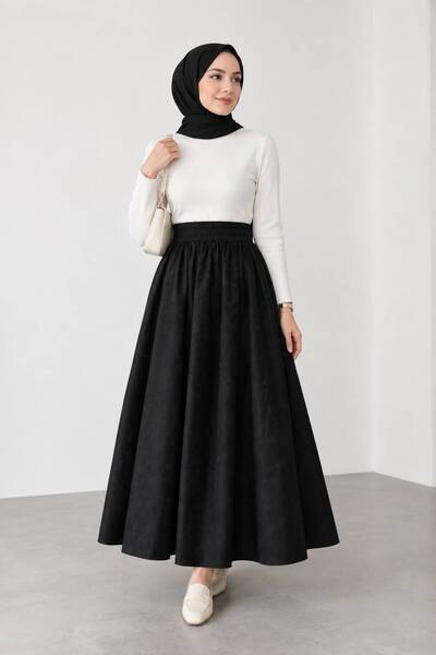 mor butik Kadın Siyah Double Kumaş Kloş Etek Tesettür, Bel Lastikli, Maxi Boy
