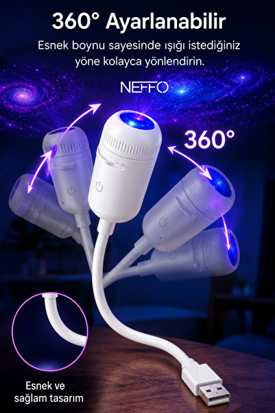 NEFFO USB Galaksi Projektör LED Gece Lambası 360° Ayarlanabilir 2’si 1 Arada Ambiyans Işık 2 Disk Hediyeli