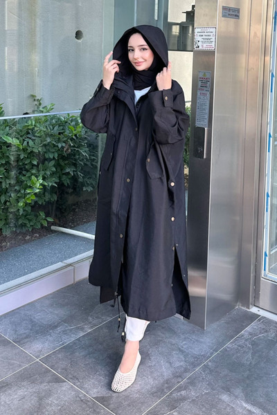 Ovn. Yujin Yan Çıtçıt Detaylı Kapüşonlu Trençkot - Siyah