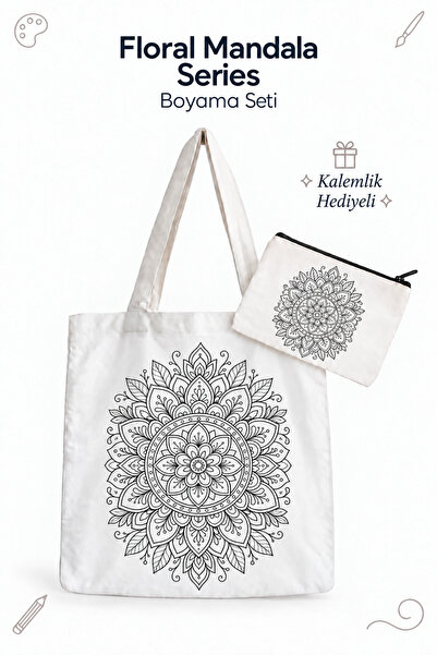Yetişkin Boyama Seti Mandala Çanta 35x40 cm Su Geçirmez Kalın Kumaş Boya Fırça Hediyeli