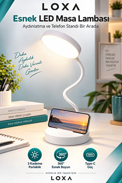 LOXA LED Masa Lambası Telefon Standlı 3 Kademeli Parlaklık Type-C Ders Çalışma Lambası
