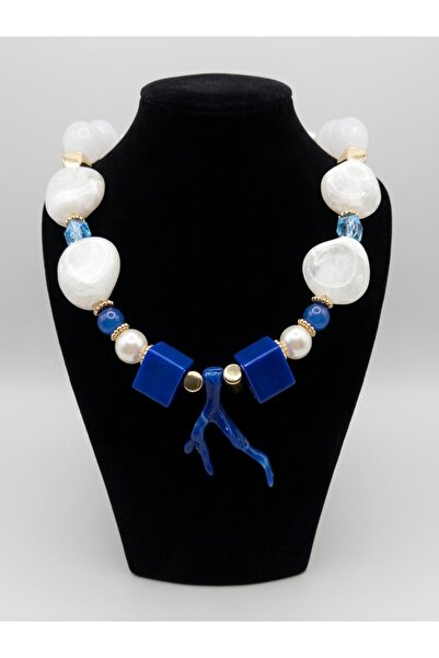 SEVA'S BİJUTERİ Women's Blue Coral Figured Large Beaded - White & Navy Blue C...