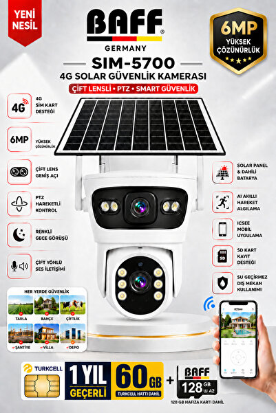 BAFF GERMANY SIM-5700 6MP 4G SIM Kartlı Solar Güvenlik Kamerası Çift Lens PTZ...