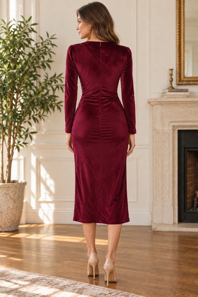 moda wanilia Women's Double Breasted V-Neck Long Sleeve Gathered Waist Draped Velvet Midi Dress