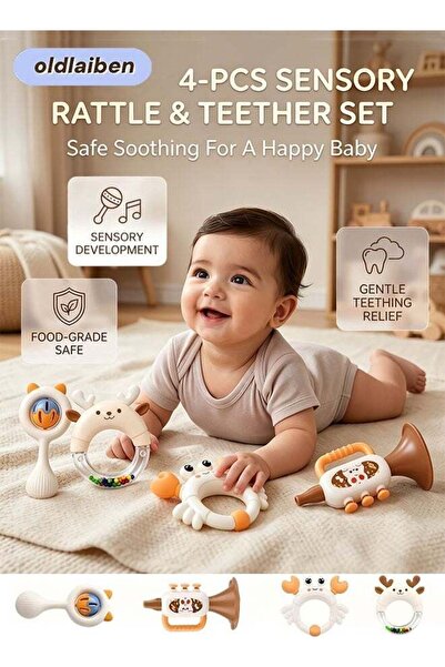 oldlaiben 4 Pack Baby Rattles Teething Toys, Food Grade Baby Teether Baby Sha...