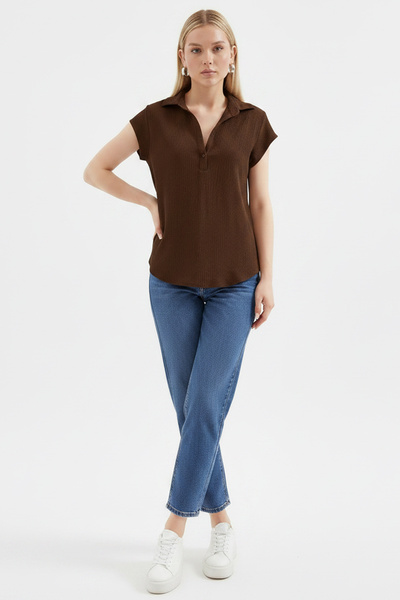 Modamorfo 20123 Polo Collar Knitted Blouse - Brown