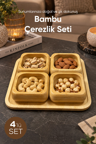 Vienev Alt Tablalı 4'lü Kare Bambu Çerezlik Seti 9 cm Kaseli 22 cm Tepsili Su...