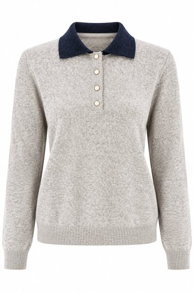 Laluvia Light Beige Navy Blue Sweater with Colored Collar - Tk261107