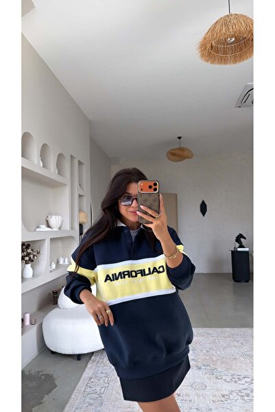 Buket Teke Lacivert Üç İplik Yakalı California Sweatshirt