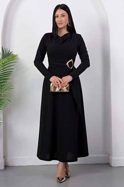 PULLIMM Degaje Collar Waist Buckle Long Sleeve Dress Grs4174