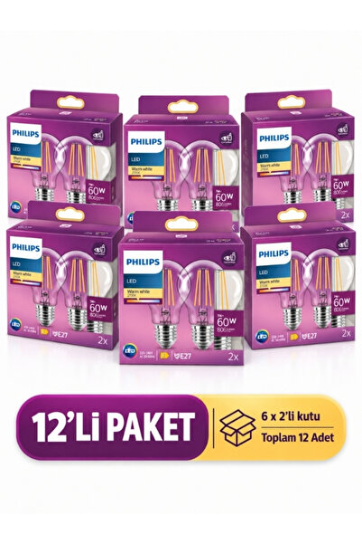 Philips LED Filament Ampul 7W 60W E27 2700K Günışığı 806 Lümen 12 Adet – 6x2’...