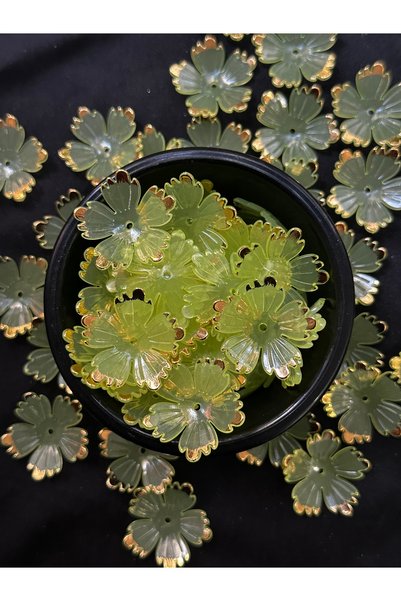 Bijumix Aksesuar 30 Adet 27 mm Limon Yeşili Şeffaf Gold Detaylı Çiçek Boncuk ...