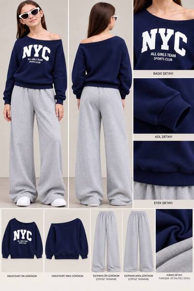 trendyears Kız Çocuk Lacivert Kayık Yaka NYC Baskılı Sweatshirt-Gri Bol Paça Eşofman Altı Takım